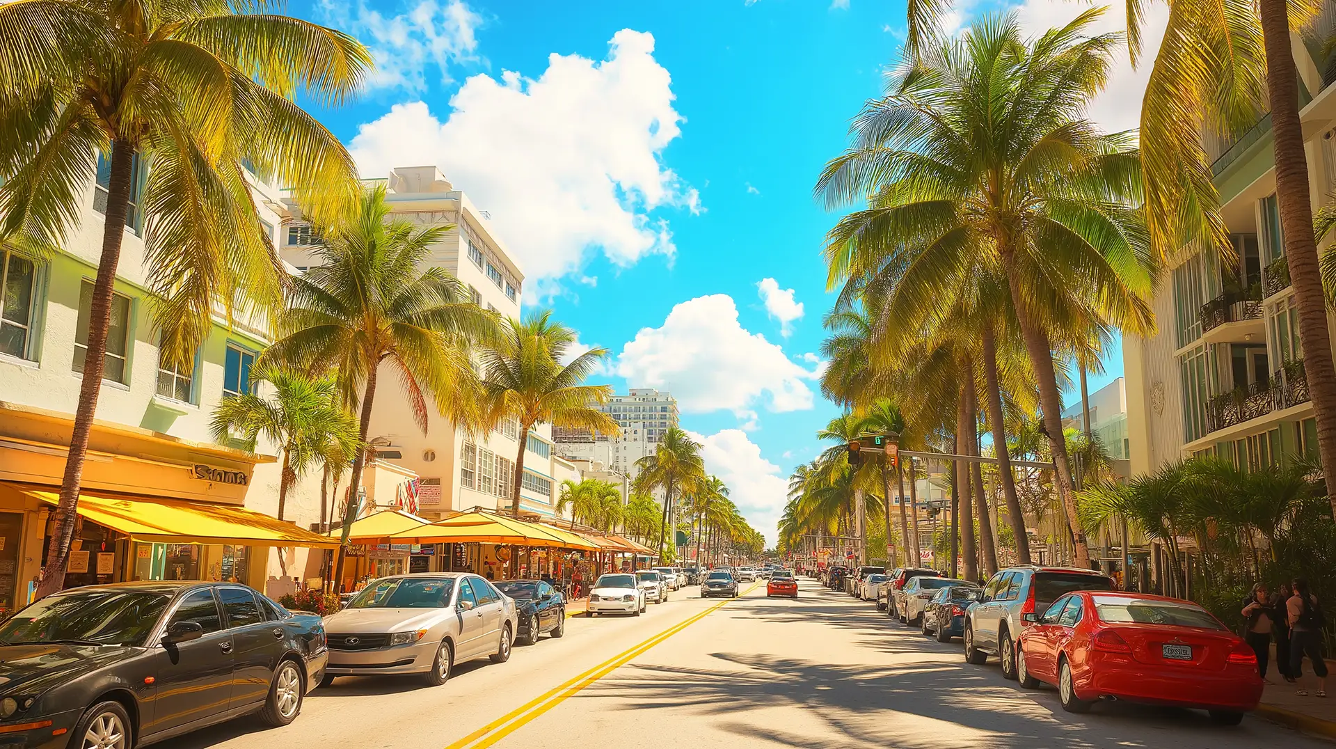 A vibrant street lined with palm trees under a bright blue sky, with parked cars along the sides. The scene suggests a sunny, tropical location, ideal for finding auto insurance.