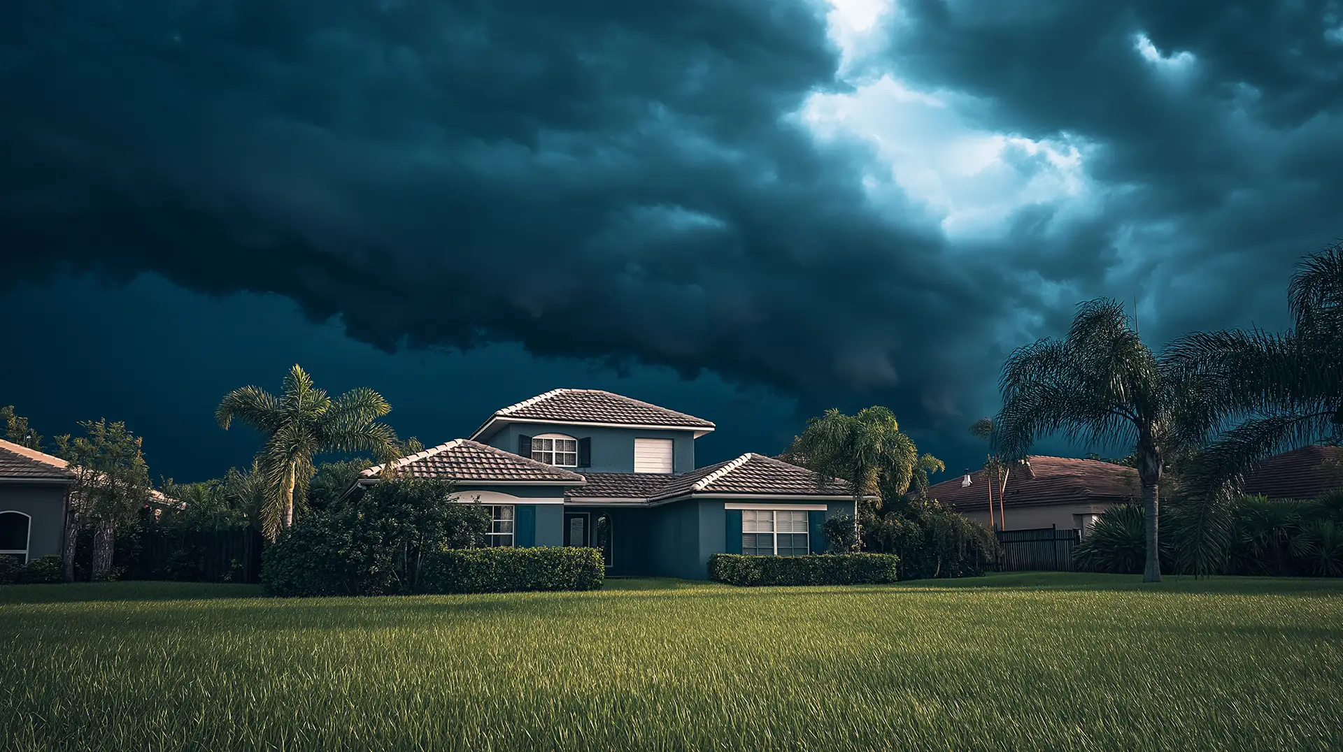 A Florida home with a well-maintained lawn and palm trees, under a dark, stormy sky with ominous clouds, highlighting the importance of hurricane coverage for homes.