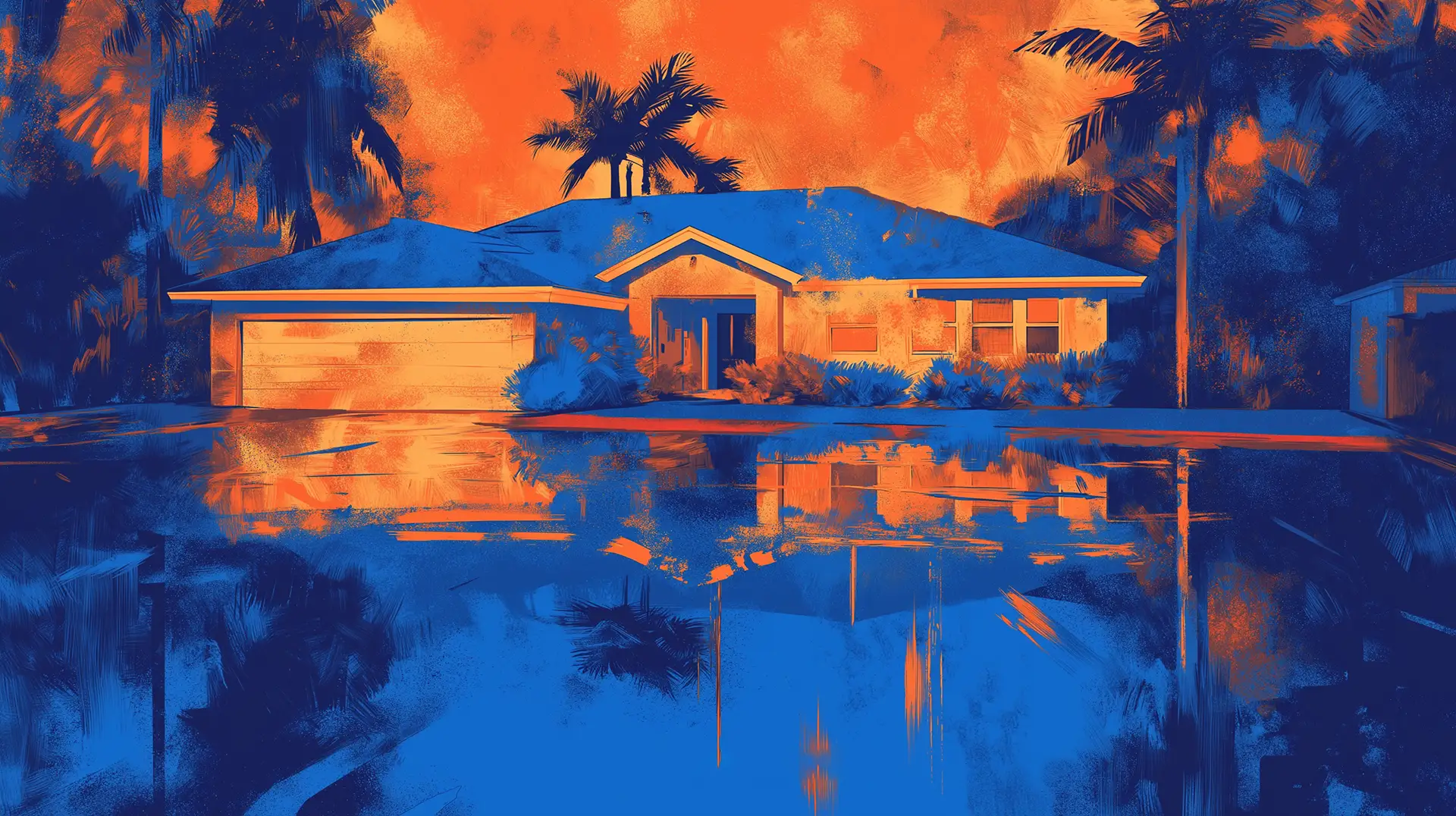 A vibrant, colorful image of a modern house with palm trees in the background, reflecting in a pool, with the text "Are There Discounts Available for Hurricane-Resistant Home Features?" at the bottom.