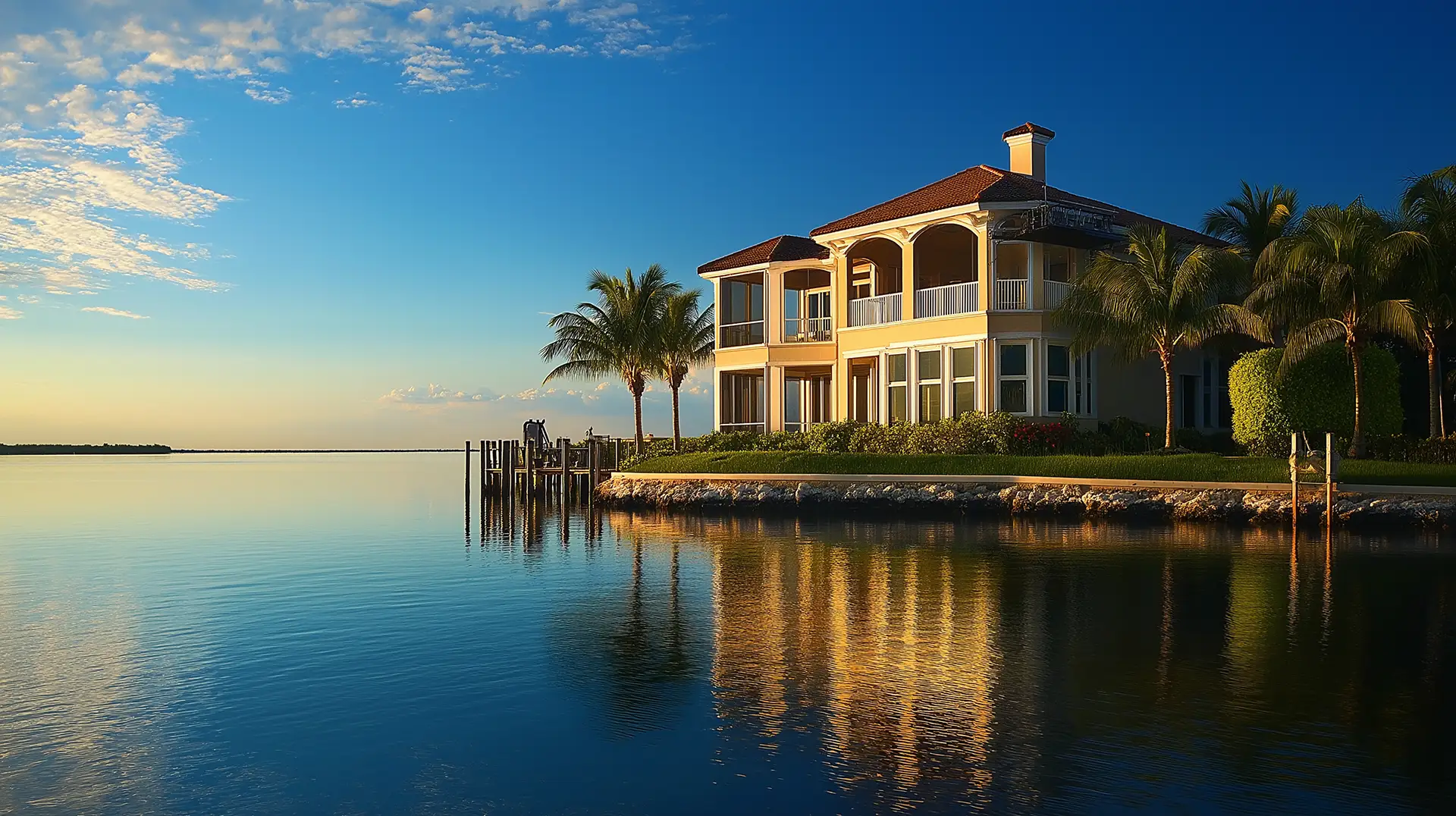 A luxurious waterfront house with palm trees, situated on the edge of a calm body of water at sunset. The house has multiple levels with balconies, and there is a dock extending into the water. Coastal Property Insurance.