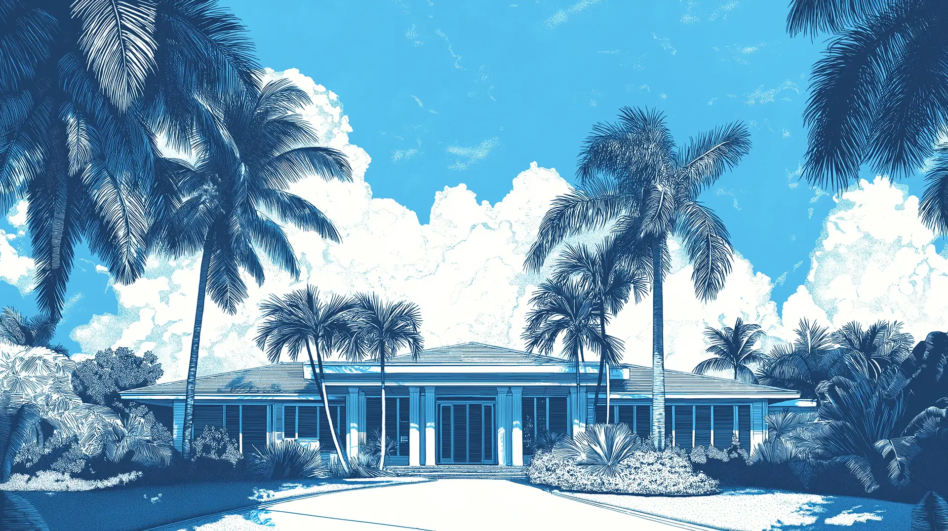 Tropical Florida home with palm trees and blue sky, illustrating potential Florida Home Insurance Savings.