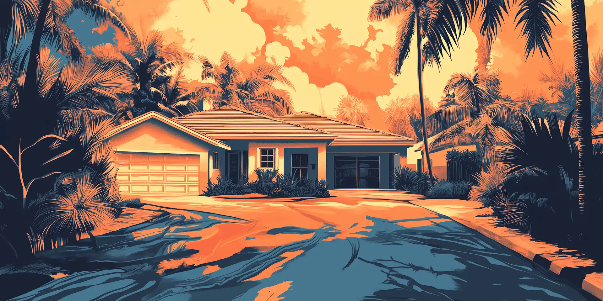 Vibrant illustration of a Florida home surrounded by palm trees at sunset, reflecting the importance of Florida climate insurance for tropical properties.