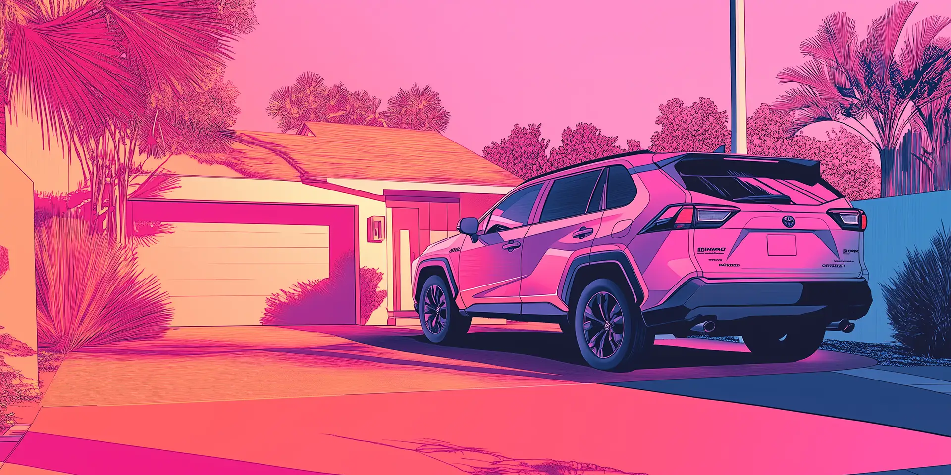 Stylized illustration of a pink SUV parked in a Florida driveway with palm trees, representing Florida's minimum insurance requirements for vehicles.