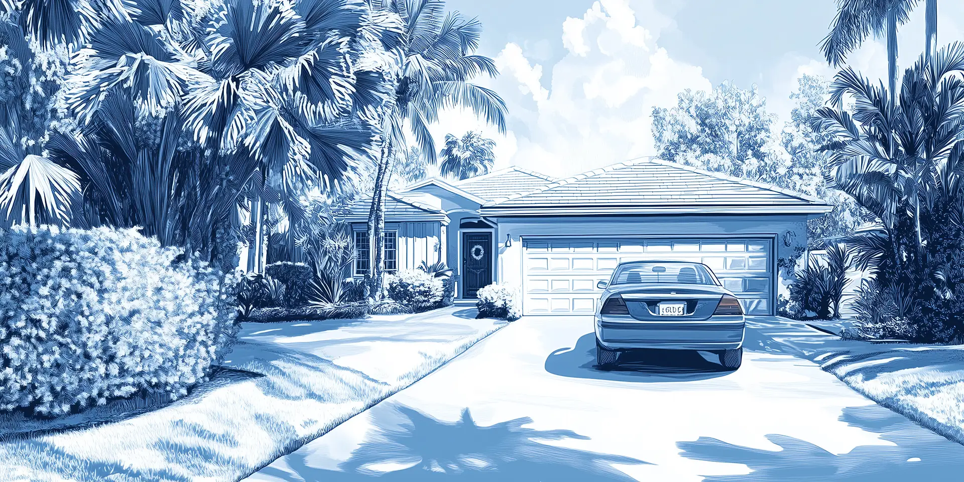 Blue-toned illustration of a tropical home with a car in the driveway, offering snowbird insurance tips for seasonal residents in a warm climate.