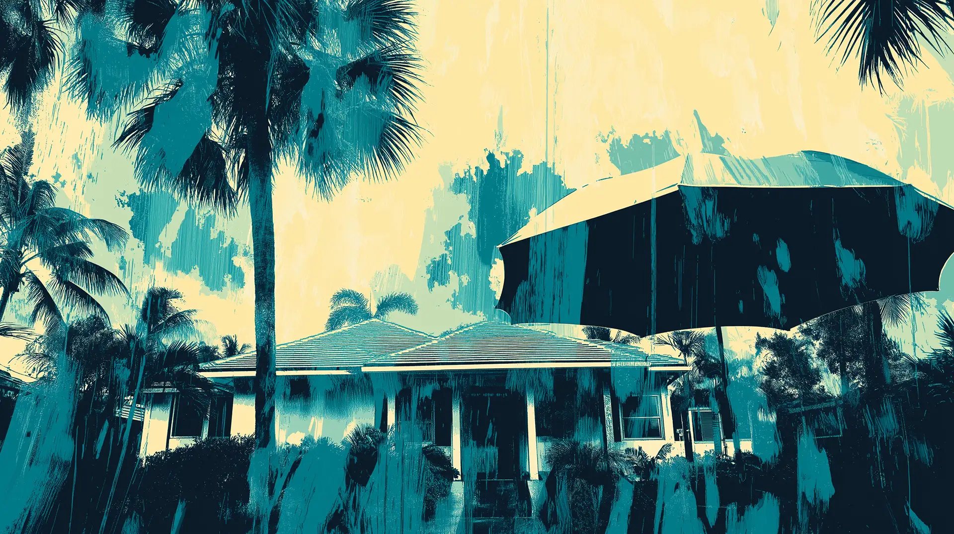 Stylized illustration of a tropical home with a large umbrella overhead, symbolizing the protection of umbrella policy coverage in a lush setting.